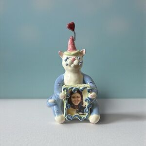 WhimsiClay Blue and White Cat Figurine with Photo Frame